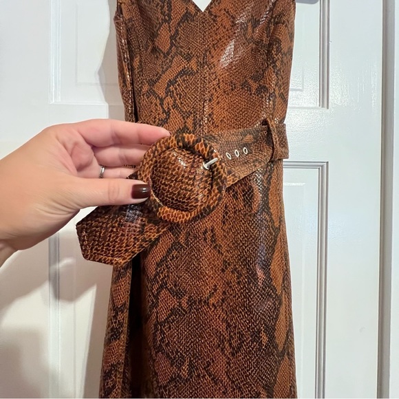 #144 AQUA BROWN SNAKESKIN BELTED SLEEVELESS DRESS SMALL - Picture 2 of 7